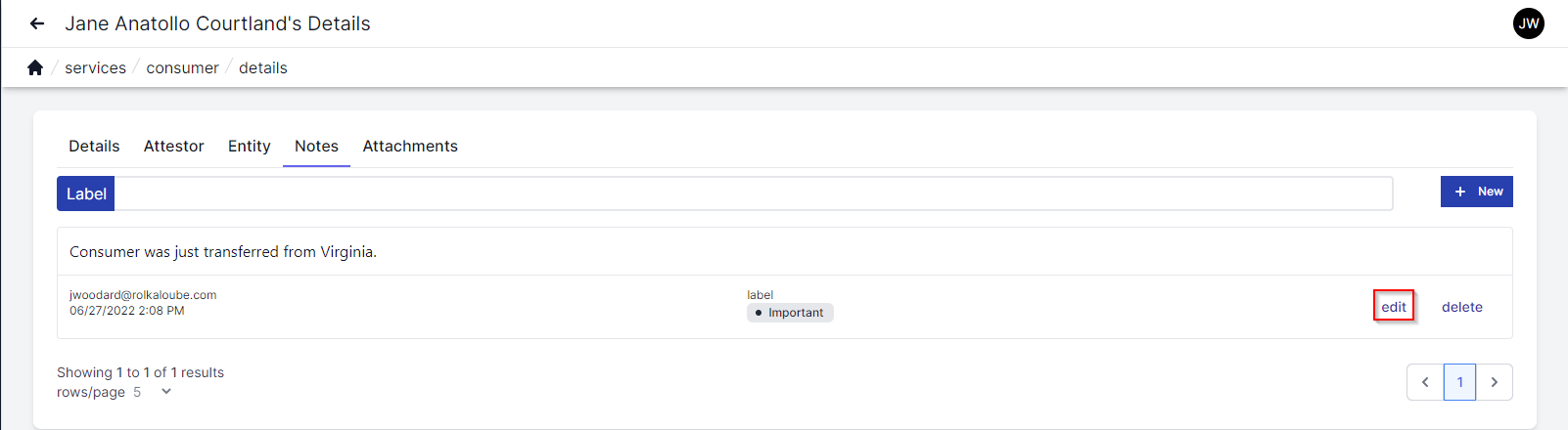 Edit notes tab with search box on top and plus new button on top right,  Below the search bar on the left is the body of a note with the date and time created along with who created it.  Under the search bar on the right are the words edit and delete.  The word edit is highlighted by a red box.