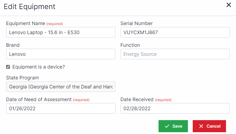 Edit equipment pop-up with equipment name drop-down in the upper left, serial number to the right, brand below equipment name, function drop-down below serial number, equipment is inventory checkbox below brand, equipment is a device checkbox below function, drop-down for consumer name below inventory, state program below device, date of need assessment below consumer, date received below state program,  button for Save and Cancel in bottom right.