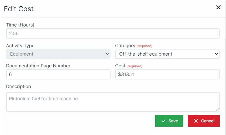 Edit cost pop-up with the time in hours blank, the activity type on the left locked as equipment, the category drop-down box to the right, the documentation page number under the activity type, the cost to the right of the activity type, and the descitption under cost.  The Save and Cancel buttons are in the bottom right.