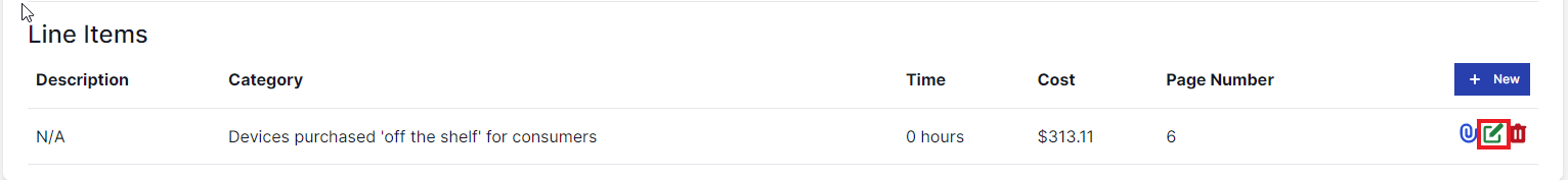 Line items with description, category, time, cost, page number, and icons for to attach, edit and delete. The edit icon is highlighted by a red box.