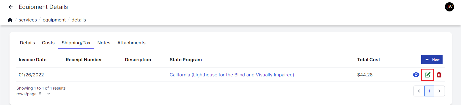 Equipment details with Shipping and Tax tab selected.  Invoice number, receipt number, description, state program, total cost, and icons to view, edit and delete are shown.  The edit icon is highlighted by a red box.