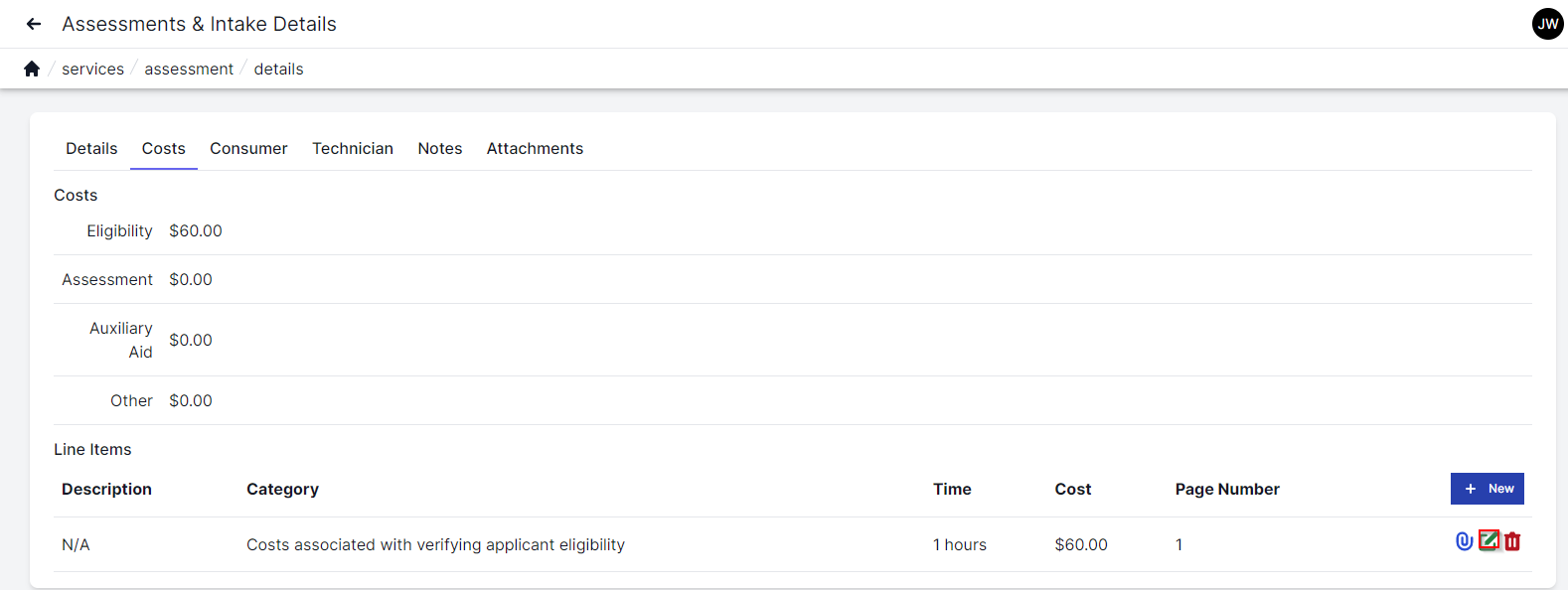 Assessment and intake costs screen with costs tab highlighted in upper left,  Costs on left of eligibility, assessment, auxiliary aid, and other. Line items are on the bottom with description, category, time, cost, page number and icons to attach, edit and delete.  The edit icon is highlighted with a red square.