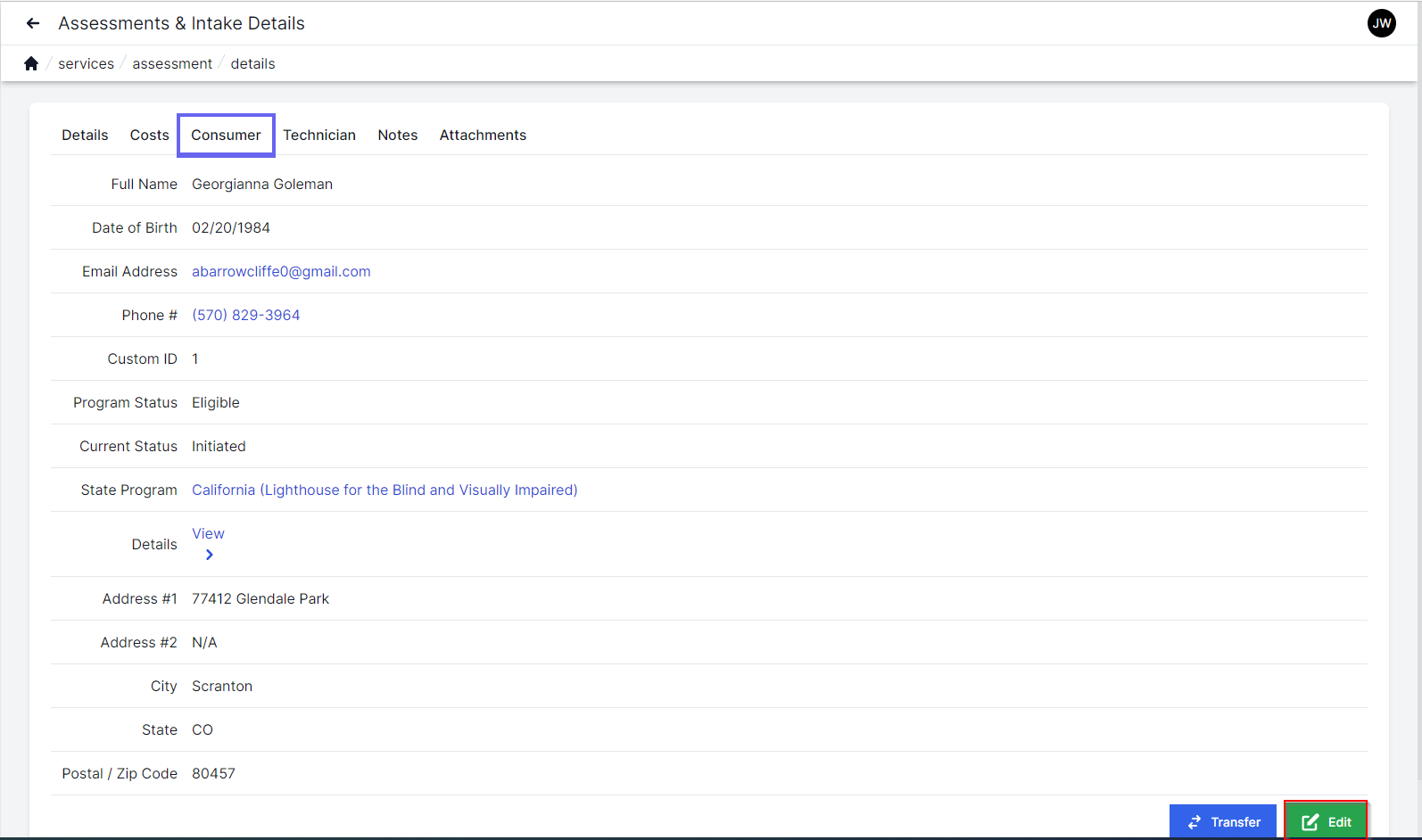 Assessment and Intake Consumer page with consumer tab highlighted,  On the left are all of the details for the consumer including name, date of birth, email.. phone, custom ID, program status, current status, state program, and address.  On the bottom right are buttons for transfer and edit.  The edit button is highlighted with a red square.