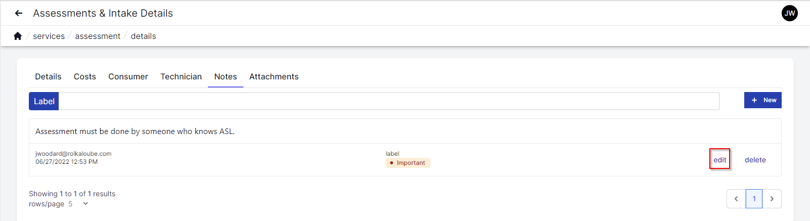 Assessment and Intake notes page with the notes tab highlighted in the top left. Notes search box at the top and the plus new button in the top right. Below the search box is the body of a note wwith the time, date and who created the note on the left. Below the search box on the right are the words edit and delete and the word edit is highlighted with a red box.