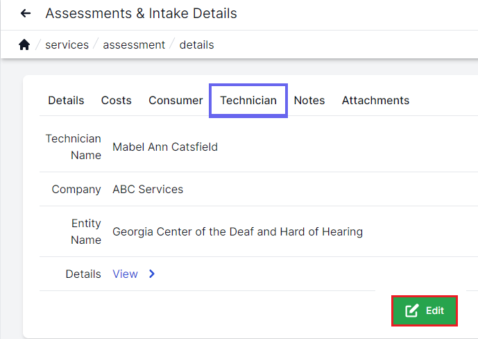 Assessment and update technician page with technician tab highlighted on the top left. Technician name, company, entity name, and details listed below. The large green edit button is in the bottom right corner and highlighted with a red box.