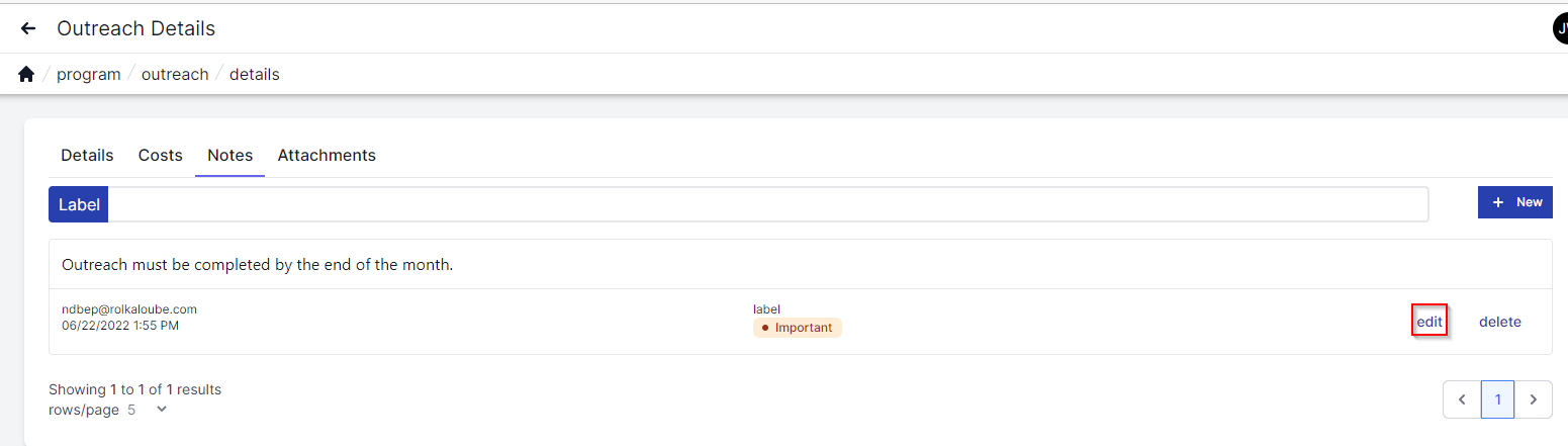 Notes tab with search bar at the top and the plus new button to the right of the search bar. Below the search bar is a note with the note content to the left and the date, time and who created the note below the content. To the right are the words edit and delete. The word edit is highlighted by a red box.