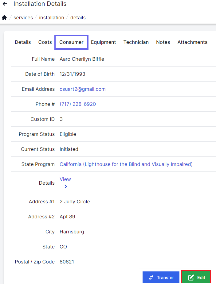 Installation consumer page with consumer tab highlighted in the top left.   Consumer fill name, date of birth, email, phone, custom ID, program status, current status, state program, details, and address are on the left.  On the bottom right are buttons for Transfer and Edit.  The edit button is highlighted with a red box.