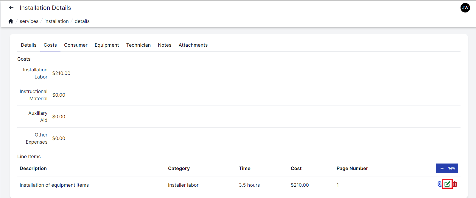 Installation costs screen with installation labor, instructional material, auxiliary aid, and other expenses. Line items are listed across the bottom with description, category, time, cost, page number and icons to attach, edit and delete. The edit icon is highlighted with a red box.