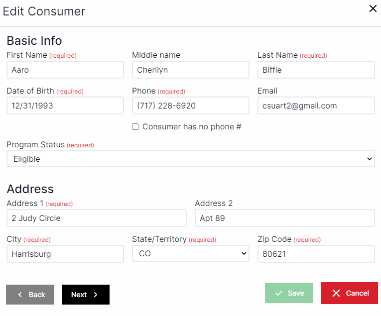 Edit consumer pop-up with basic info for the consumer including first name, to the right of that middle name, to the right is last name, below first name is date of birth, to the right of date of birth is phone, below phone is a box to check if the consumer has no phone, to the right of phone is email, below date of birth is program status, below program status are fields for full address. In the bottom left are buttons for Back and Next. Next is red. On the bottom right are buttons for Save and Cancel.