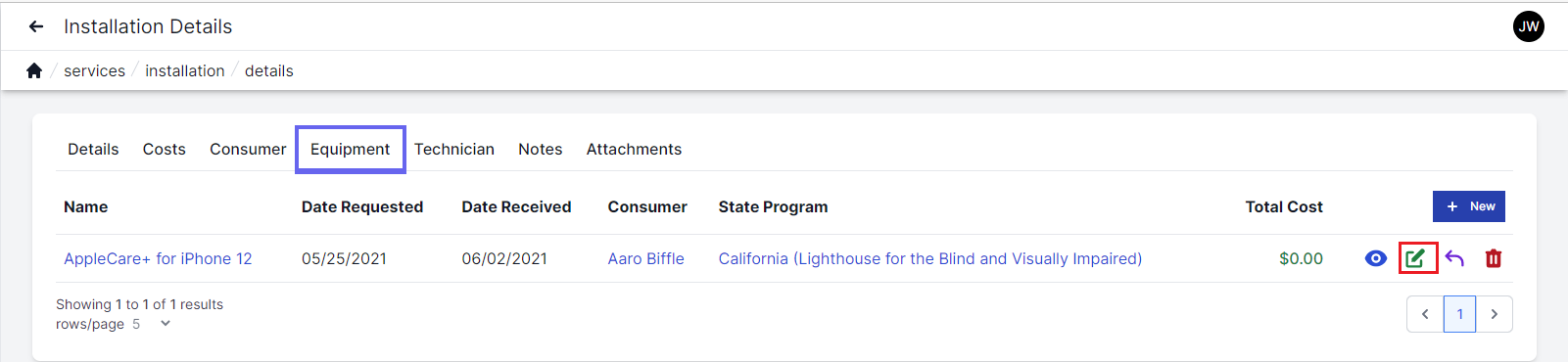 Installation equipment page, with equipment tab highlighted at the top.  Equipment name, date requested, date received, consumer, state program, total cost, and icons to view, edit, return and delete are across the middle.  The edit icon is highlighted in a red box.