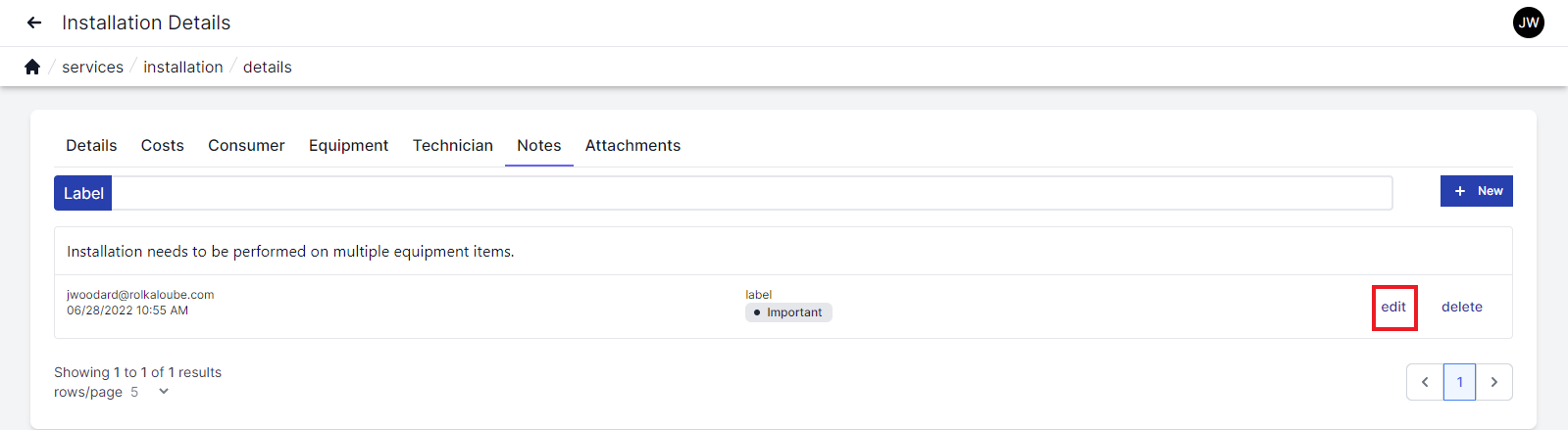 Installation notes page with notes tab highlighted in upper left. Across the top is a notes search bar and a plus new button in the top right. Below the search bar to the left is the body of a note with the date, time and who created the notes. Below the search bar to the left are the words edit and delete. The word edit is highlighted in a red box.