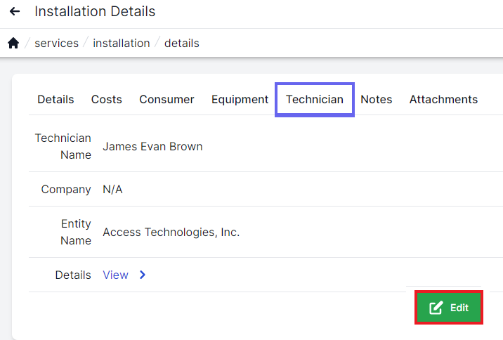 Installation technicians page with technician tab highlighted, Technician name, company, entity name, and details to the right. Large green edit button which is highlighted with a red box in the bottom right.