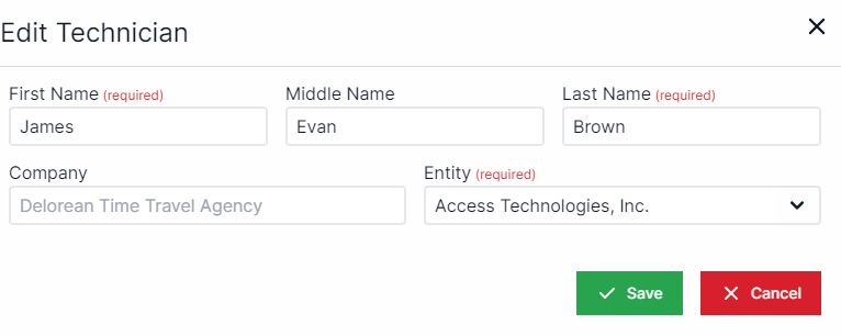 Edit technician pop-up with first name on top right, middle name to the right of first name, and last name to the right of middle name. Company is underneath first name and entity is to the right of company. On the bottom right are the buttons for Save and Cancel.