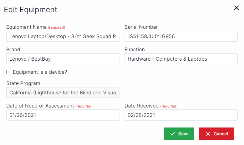 Edit equipment pop-up with equipment name drop-down in the upper left, serial number to the right, brand below equipment name, function drop-down below serial number, equipment is inventory checkbox below brand, equipment is a device checkbox below function, drop-down for consumer name below inventory, state program below device, date of need assessment below consumer, date received below state program, add cost after savings toggle below date of need, button for Save and Cancel in bottom right
