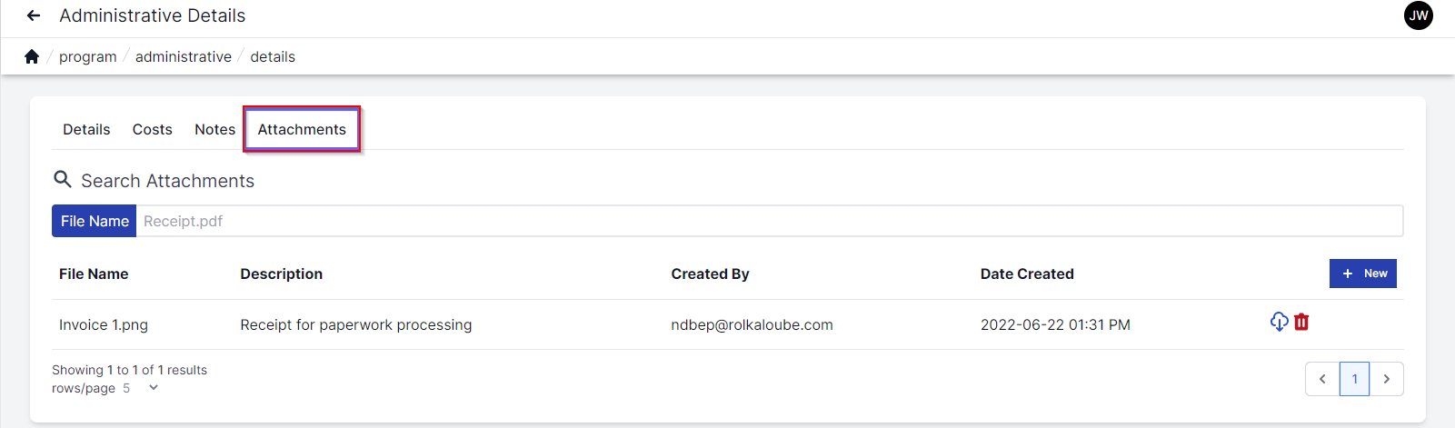 Administrative details page showing the attachments tab highlighted in the top left. Below that, there is a search box to search attachments and to the right is the plus new button.