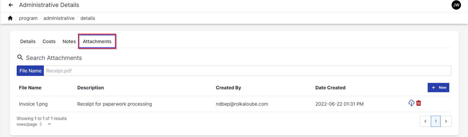 Administrative details page showing the attachments tab highlighted in the top left.  Below that, there is a search box to search attachments and to the right is the plus new button.