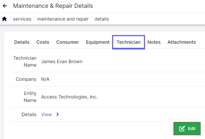 Maintenance and Repair technician page with technician tab highlighted in top left. technician name. company, entity name, and details on left of page. In the bottom right are the Save and Cancel buttons.