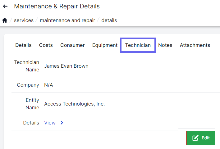 Maintenance and Repair technician page with technician tab highlighted in top left.  technician name. company, entity name, and details on left of page.  In the bottom right are the Save and Cancel buttons.
