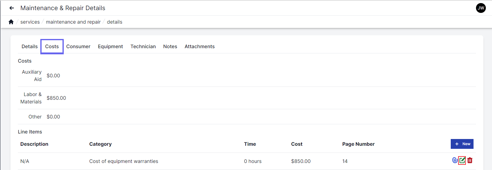 Maintenance and Repair costs screen with costs tab highlighted in upper left.  Costs for auxiliary aid, labor and materials and other listed on left.  Line items with description, category, time, cost, page number nd icons to attach, edit, or delete ore on the bottom.  The edit icon is highlighted by a red box.