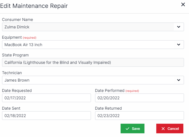 Edit maintenance and repair pop-up with consumer drop-down at the top and equipment drop-down below that. State program drop-down is below equipment. Below state program is a drop-down for technician. Below that to the left is date requested, to the right of date requested is date performed. below date requested is date sent, to the right of date sent is date returned. In the bottom right are the Save and cancel buttons.