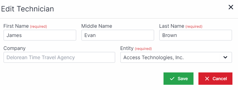 Edit Technician pp-up with First name on the top left, middle name to the right, and last name to the right of middle name. Below first name is company, and to the right of company is a drop-down for entity. On the bottom right are buttons for Save and Cancel.