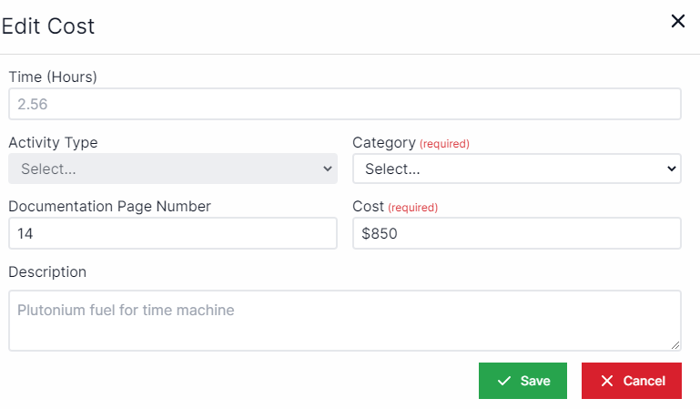 Edit cost pop-up with the time in hours on top, the activity type on the left, a drop-down box for category on the right, documentation page number under activity type, cost below category. and description below cost. The Save and Cancel buttons are in the bottom right corner.