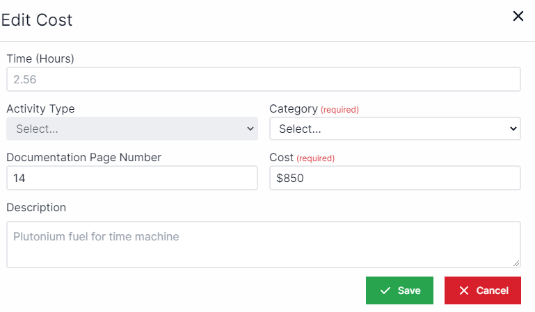 Edit cost pop-up with the time in hours on top, the activity type on the left, a drop-down box for category on the right, documentation page number under activity type, cost below category. and description below cost.  The Save and Cancel buttons are in the bottom right corner.