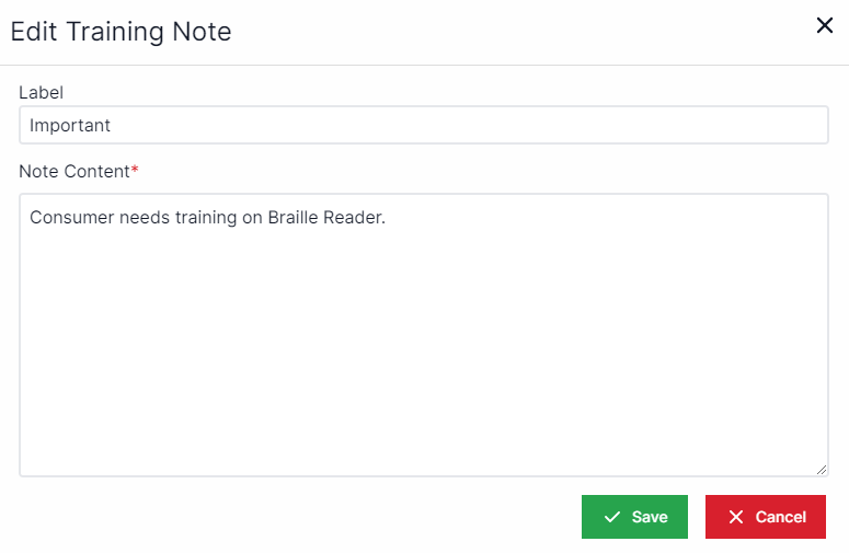 Edit Training note pop-up with label text field at the top of the screen and note content text field underneath.  Save and Cancel buttons on the bottom right.