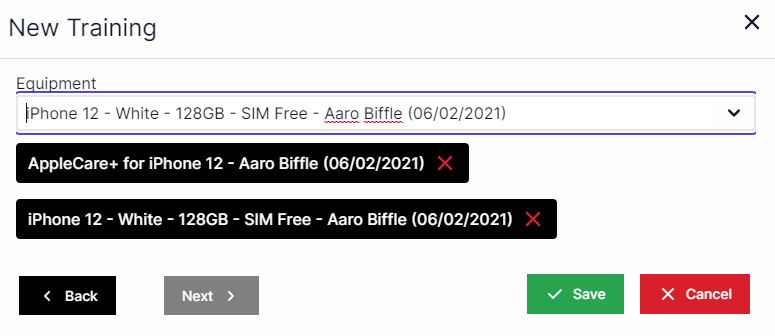 New training pop-up with equipment drop-down and two equipment items selected in a black box with a red x next to each.  Back and Next buttons are in the left corner and Save and Cancel buttons are in the Right corner.