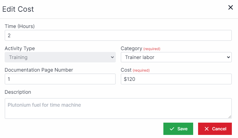 Edit cost pop-up with  the time in hours at the top, activity time on the left locked as training, category drop-down to the right of activity type documentation page number underneath activity type. cost underneath category, description underneath cost, and buttons for Save and Cancel on the right.