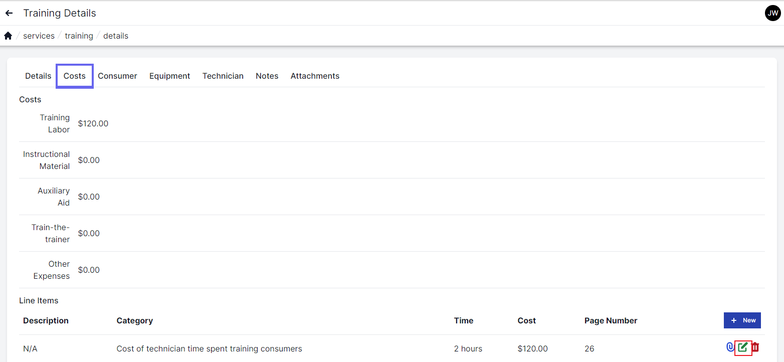 Training costs page with costs tab highlighted in upper left. training labor, instructional material, auxiliary aid, train-the-trainer, and other expenses listed on the left. line items listed on the bottom with description, category, time, cost, page number and icons to attach, edit and delete.  Edit icon is highlighted by a green box..