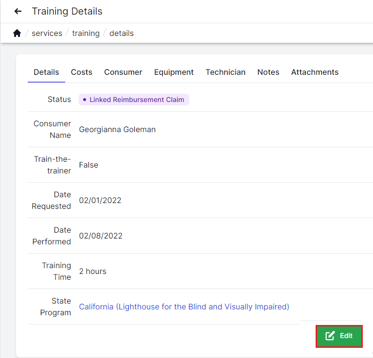 Training details tab with details tab highlighted in top left.  Status, consumer name, train-the-trainer, date requested, date performed training time, and state program all are listed to the left.  Green edit button highlighted by a red box is in bottom right corner.