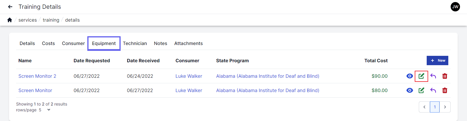 Training equipment page with equipment tab highlighted in upper left.  Name, date requested, date received, consumer, state program, total cost and icons to view, edit, return and delete are shown.  the edit button is highlighted by a red box.