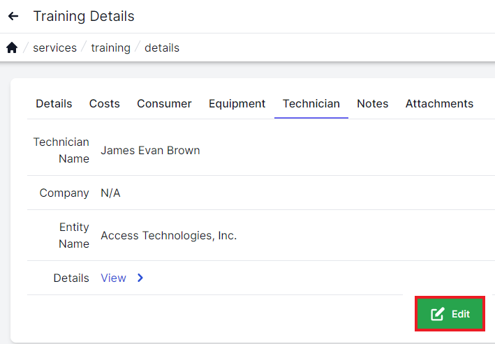 Training Technician page with Technician tab highlighted at top.  Technician name, company, entity name and details listed on left.  Green edit button in bottom right is highlighted with a red box.