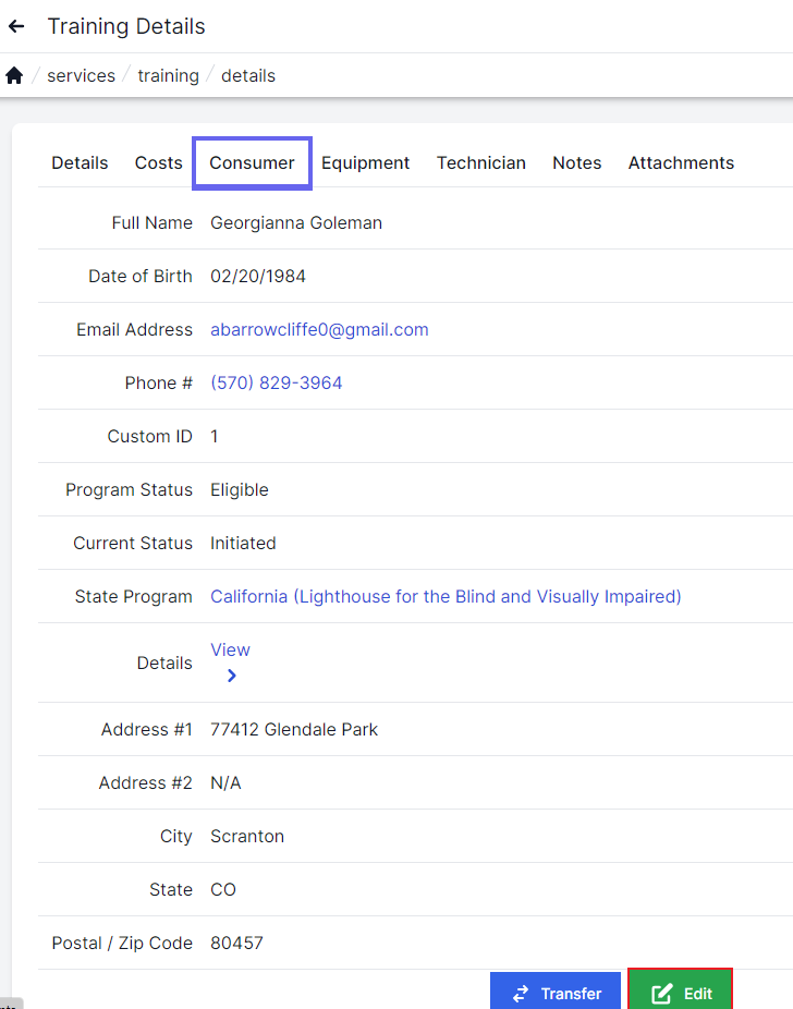 Consumer tab highlighted in the upper left with consumer details listed on the left including full name, date of birth, email, phone, custom ID, program status, current status, state program, details, and address. Buttons on the bottom right to Transfer and Edit.  The edit button is highlighted with a red box.