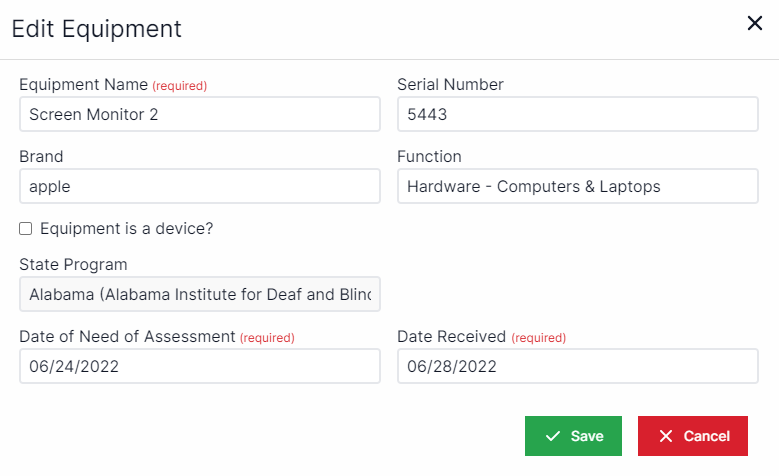 Edit equipment pop-up with equipment name drop-down in the upper left, serial number to the right, brand below equipment name, function drop-down below serial number, equipment is inventory checkbox below brand, equipment is a device checkbox below function, drop-down for consumer name below inventory, state program below device, date of need assessment below consumer, date received below state program, button for Save and Cancel in bottom right.