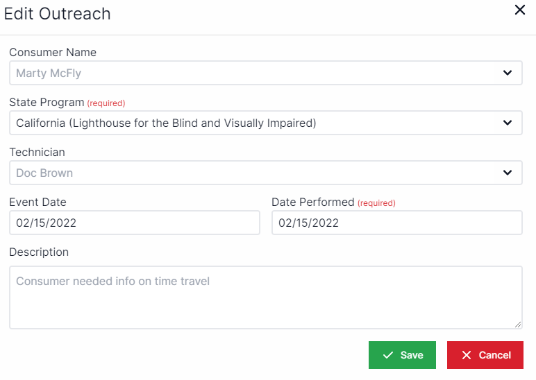 Edit Outreach pop-up with consumer name drop-down at the top, state program drop down drop down underneath consumer name, technician drop-down underneath state program, event date text box underneath technician to the left, date performed text box to the right of event date, and description text box underneath event date. Save and Cancel buttons are on the bottom right corner