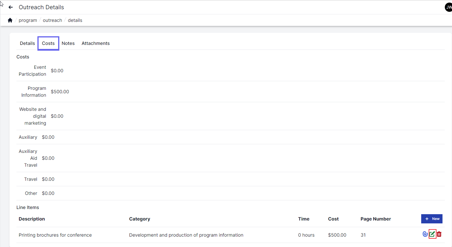 Outreach Costs page with costs tab highlighted in upper left corner. Costs listed on left for event participation, program information, website and digital marketing, auxiliary aid, travel, and other.  Line Item are on the bottom of the page with description, category, time, cost page number, and icons for attachment, edit and delete.  The edit icon (green pencil and paper) is highlighted in a red box.