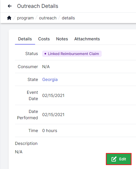 Outreach details page with details tab highlighted in upper left corner and large green edit button highlighted in bottom right corner.