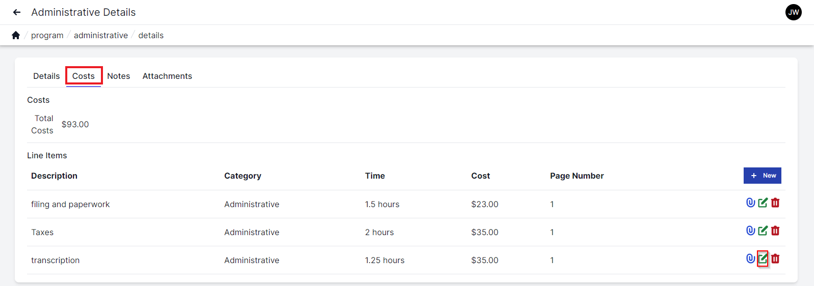 Administrative Costs page with the Costs tab selected in the upper left and the total costs listed below the tab. Below the total costs, line items are listed including description, cateory, time, cost, and page number and then the paperclip icon, edit icon, and trash can icon. The edit icon (green pencil and paper) is highlighted.
