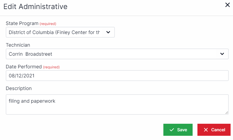 Edit Administrative pop-up with State program drop-down at the top, beneath that technician drop-down, beneath that is a text box for date performed, beneath date performed is a text box for description, beneath description is a toggle for add cost after saving.  in the bottom right corner are the buttons for Save and Cancel