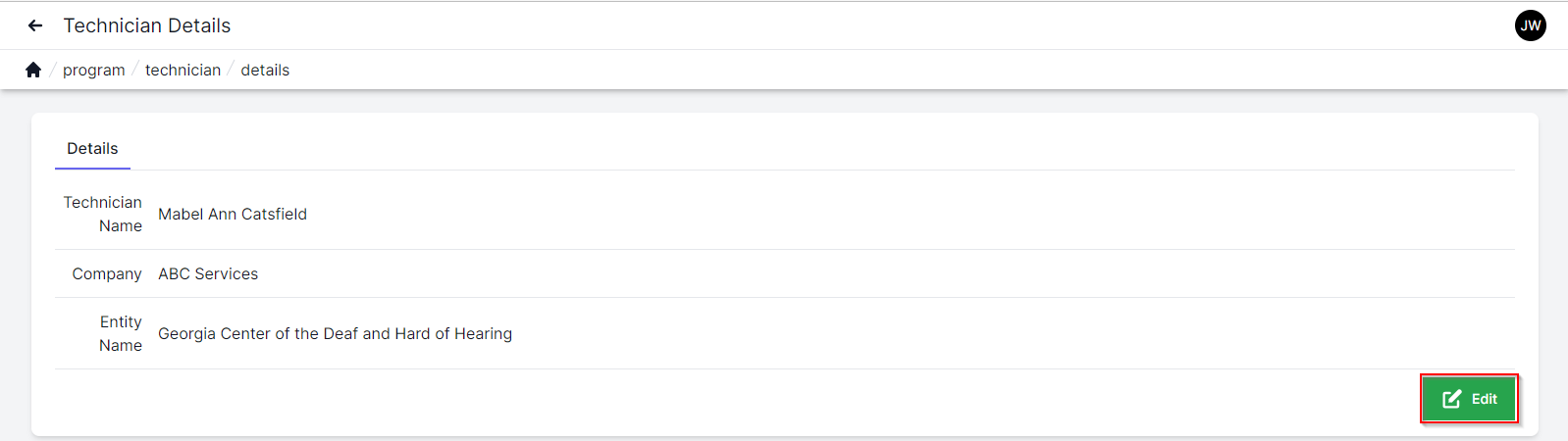 Technician details tab with the details tab highlighted in the top left.  technician name, company and entity name are listed on the left.  In the bottom right is a large green edit button highlighted by a red box.