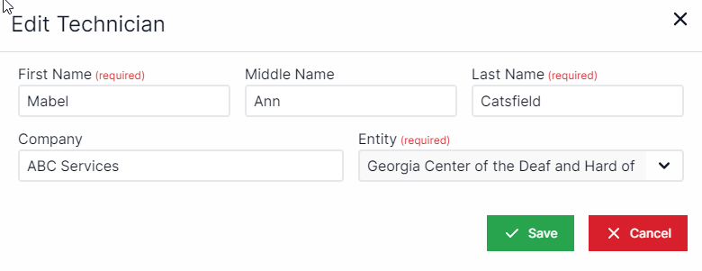 Edit technician pop-up with text box for first name on top left, text box for middle name to the right of first name, text bot for last name to the right of middle name, text box for company below  first name, and a drop-down box for entity to the right of company.  In the bottom right are the buttons for Save and Cancel