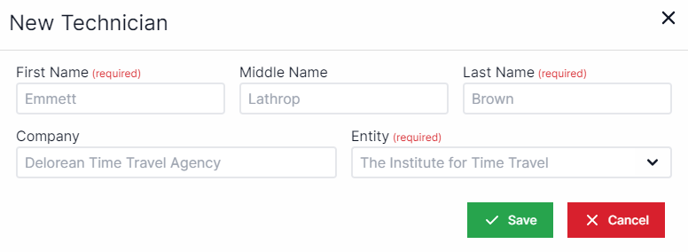 New technician pop-up with text box for first name on top left, text box for middle name to the right of first name, text bot for last name to the right of middle name, text box for company below  first name, and a drop-down box for entity to the right of company.  In the bottom right are the buttons for Save and Cancel.