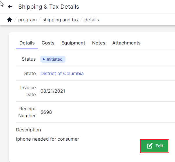 Shipping and Tax details page with the details tab highlighted in the upper left and the large green edit button highlighted in the lower right corner.