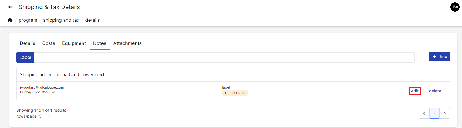 Shipping and Tax details notes page with a notes search box at the top. To the right of the search is a plus new button. Below the search bar to the left is the content of a note with the date and time created along with who created the note. To the right are the words edit and delete and the word edit is highlighted with a red box.