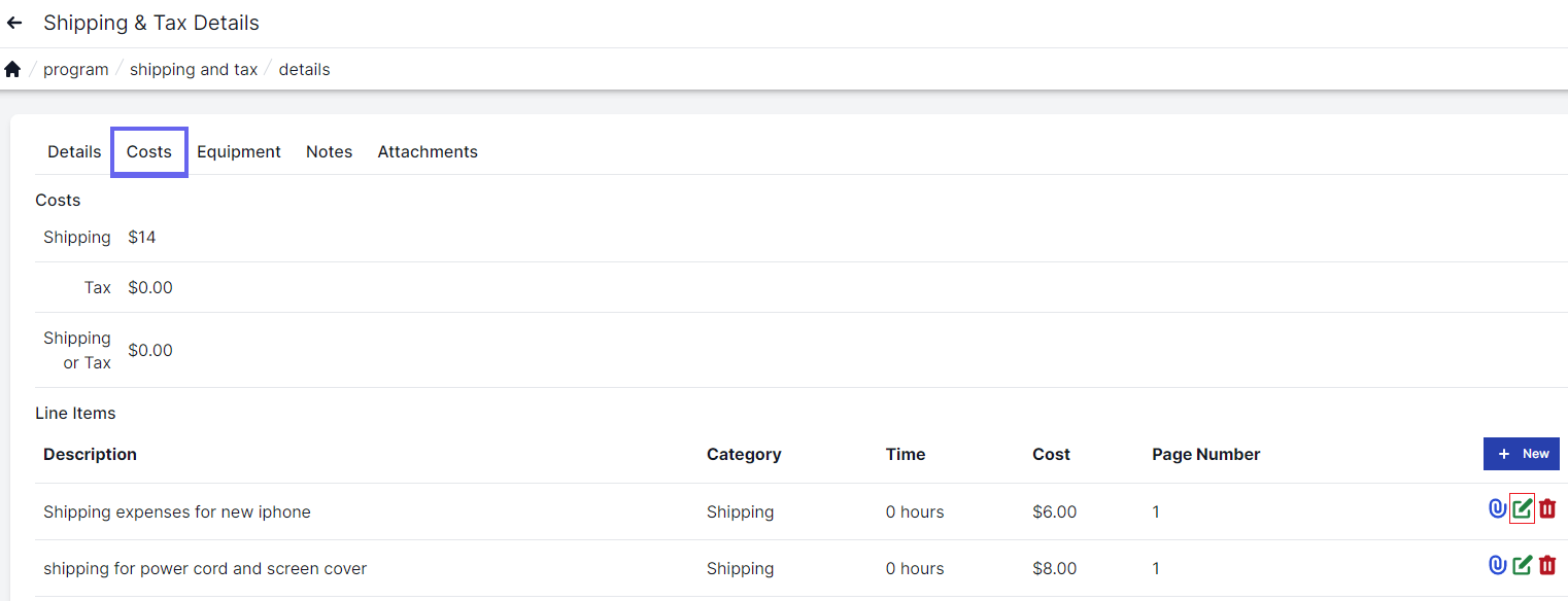 Costs page with the costs tab highlighted in the upper left corner.  Below the costs tab costs for shipping, tax, and shipping and tax are displayed,  Below that Line items are displayed with description, category, time, cost, page number, and the paperclip, pencil and paper, and trash can icons.  The edit icon (green pencil and paper) is highlighted with a red box.