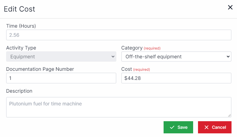 Edit cost pop-up with a blank time text box, activity type locked as equipment, to the right of activity type a drop-down box for category, below activity type a text box for documentation page number, to the right of documentation page number a text box for cost, and below documentation page number a text box for description. In the bottom right are buttons to Save and Cancel.