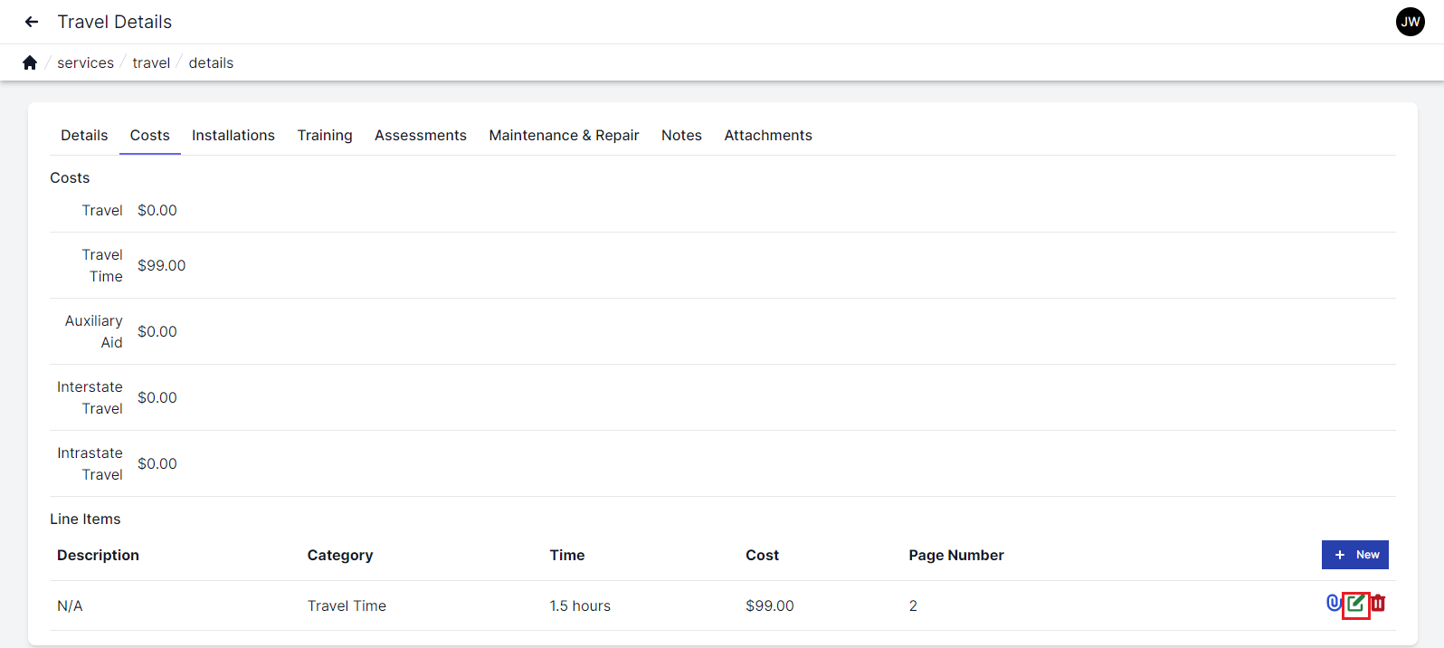 Travel Costs screen with costs tab highlighted at top left.  Costs on left include travel, travel time. auxiliary aid, interstate travel, and intrastate travel.  Line items across the bottom with description, category, time, cost, page number and icons to attach, edit and delate.  The edit icon is highlighted with a red box.