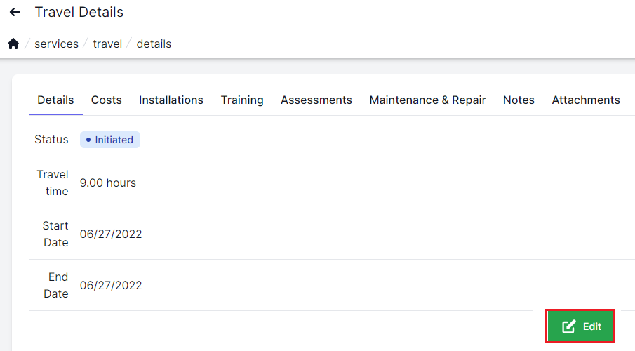 Travel details screen with details tab highlighted in top left.  Status, travel time, start date and end date listed on left.  Green edit button in bottom right highlighted by a red square.
